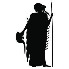 Silhouette of standing ancient Greek goddess Athena or Minerva with spear and helmet. Vase painting style.