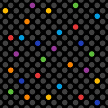 Grey Polka Dots With Rainbow Colored Elements, Vector Seamless Pattern With Black Background