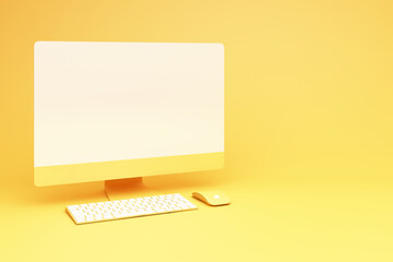 Poster - yellow desktop with keyboard and mouse 3d rendering