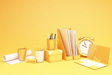 Poster - yellow laptop and wokring table set 3d rendering