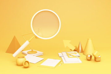 Poster - yellow magnifying glass and wokring table set 3d rendering