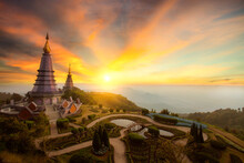 Landscape Of Two Pagoda At The Inthanon Mountain At Sunset