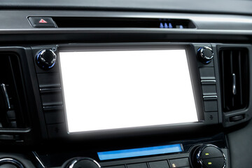 A close up on a car panel with  white monitor for design, radio,  player and control buttons.