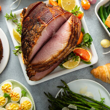 Easter Brunch With Spiral Cut Ham, Asparagus And Roasted Salmon Overhead Shot