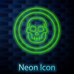 Poster - Glowing neon line Mexican skull coin icon isolated on brick wall background. Vector.