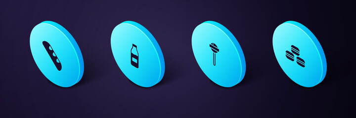 Poster - Set Isometric Macaron cookie, Lollipop, Bottle with milk and French baguette bread icon. Vector.