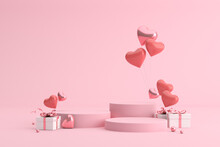 Mock Up Podium Of Gift Box With Balloons In Heart Shape. 3d Rendering.