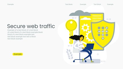 Poster - Secure data transmission concept. Access right. Safe file sharing. Protected web traffic. VPN. Analytical traffic assessment. Sharing documents. Graphic elements set. Vector illustration in flat style