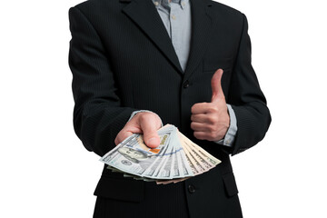 Man in black suit showing thumb up sign and giving a stack of paper money to you. Winner award. isolated on white