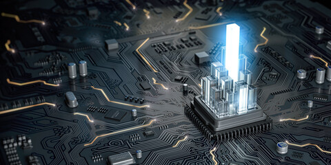Poster - CPU processor with graph from crystales on the circuit board motherboard. Compare of speed level and cooling of CPU information technology concept.