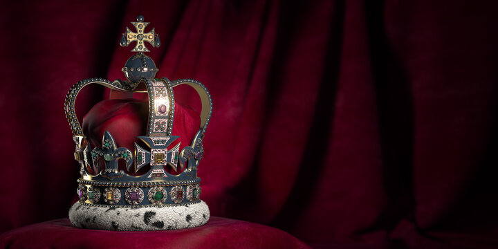 royal golden crown with jewels on pillow on pink red background. symbols of uk united kingdom monarc