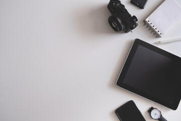 Poster - top view of office desk table with tablet and smartphone on white background, graphic designer, Creative Designer concept.