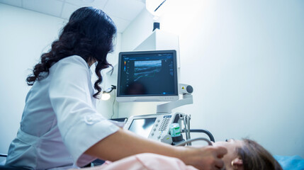 Doctor using ultrasound scanning machine for examining a thyroid of woman