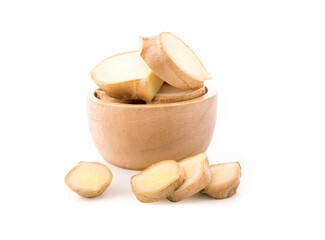  bowl of ginger root sliced on white background