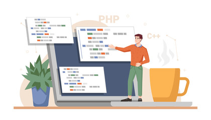 Aufkleber - Web developer working on project, presentation ready site. Programming and coding using laptops and computers. Technology improvement and innovations. Cartoon character, vector in flat style