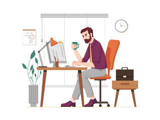 Aufkleber - Neat man working at computer in office flat cartoon character. Vector bearded guy with cup of coffee sitting at desk with stationary. Businessman at work place, briefcase on chair, clock on wall
