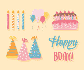 Wall Mural - happy birthday candles hats cake balloons celebration party cartoon icons set