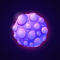 Poster - Asteroid or cosmic celestial body made of plasma. Isolated fantasy planet with humps. Universe and outer space design for game or science fiction. Purple meteor. Cartoon vector in flat style