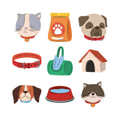 Canvas Print - pets, cat dog collar water house food and bags icon set flat style