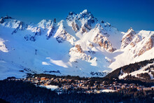 Panorama Of Courchevel Valley And Ski Resort With Alps Mountain Peaks View From Champagny-en-Vanoise
