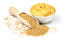 Mustard Seeds In The Wooden Scoop And Mustard Sauce In The Bowl