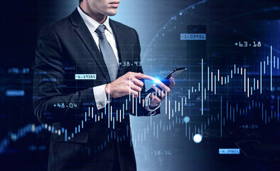 Poster - Serious young man using smartphone and graphs