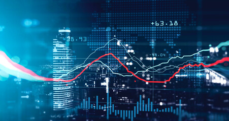 Poster - Financial graph interface over dark cityscape background