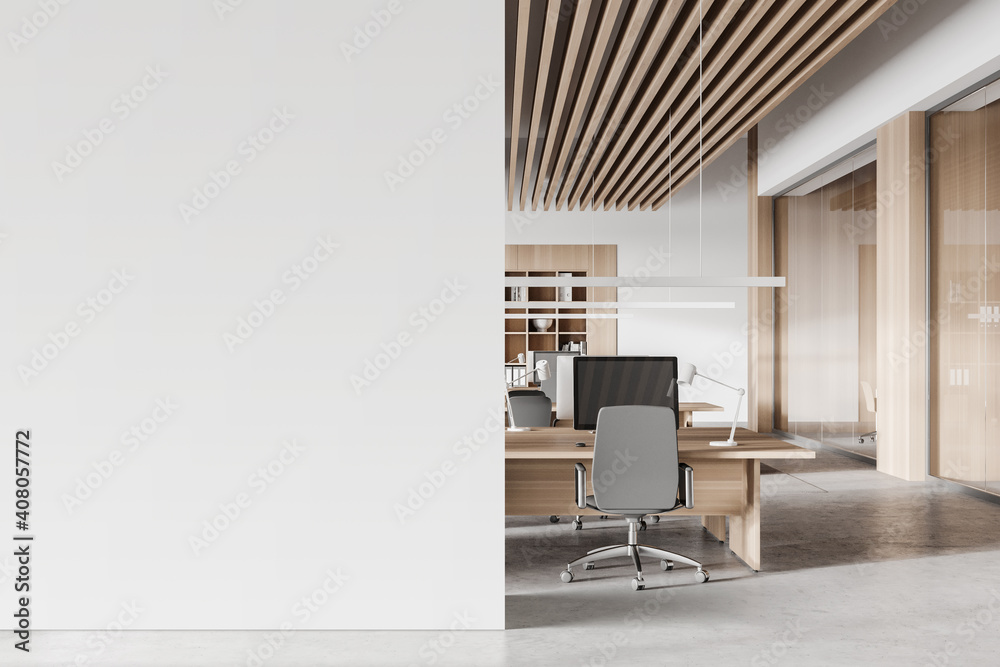 White and wooden open space office interior with mock up wall - obrazy, fototapety, plakaty 