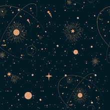 Seamless Pattern With Mystical And Astrology Elements, Space Objects, Planet, Constellation, Moon, Stars, Sun. Editable Vector Illustration.