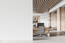 White And Wooden Open Space Office Interior With Mock Up Wall