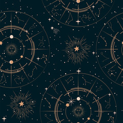 seamless pattern with mystical and astrology elements, space objects, planet, constellation, zodiac 