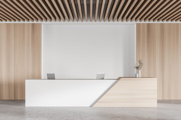 White and wooden office waiting room with reception