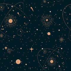 seamless pattern with mystical and astrology elements, space objects, planet, constellation, moon, s
