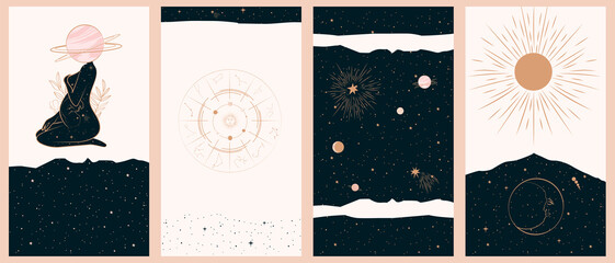 collection of space and mysterious illustrations for stories templates, mobile app, landing page, we