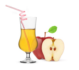 Wall Mural - glass of apple juice with a drinking straw isolated on white