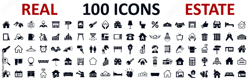 Set 100 Real Estate icons. Realty, property, mortgage, home loan, houses and more, collection real estate sign - stock vector - obrazy, fototapety, plakaty 