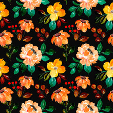 Seamless Pattern Of Yellow Floral Watercolor With Black Background