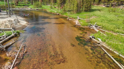 Sticker - Yellowstone forest and river panoramic aerial view in summer season, Wyoming, USA