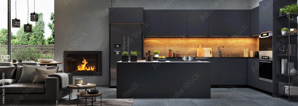 Beautiful open plan matte black kitchen and dining area with fireplace - obrazy, fototapety, plakaty 