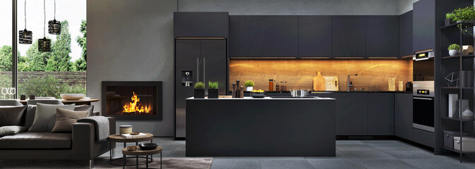 Beautiful open plan matte black kitchen and dining area with fireplace