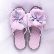 Beautiful Pink Slippers With A Bow, Top View.