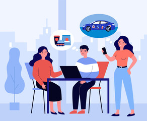 Poster - people talking and thinking about different things. car, junk food, laptop flat vector illustration.