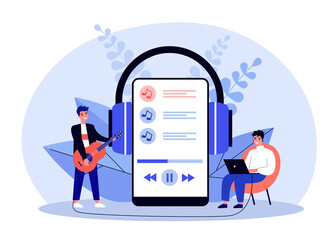Poster - tiny happy man listening online concert at home. guitar, headphone, phone flat vector illustration. 
