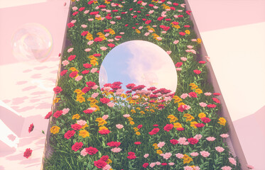 Aufkleber - Romantic Scene with geometrical forms, arch with rose flower garden in natural day light. minimal 3d landscape background. 