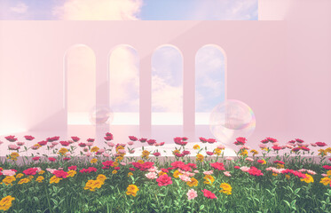 Aufkleber - Romantic Scene with geometrical forms, arch with rose flower garden in natural day light. minimal 3d landscape background. 