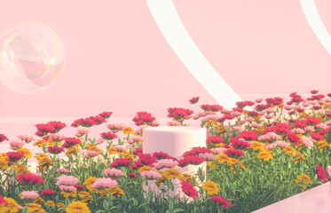 Poster - Romantic Scene with geometrical forms, arch with rose flower garden in natural day light. minimal 3d landscape background. 