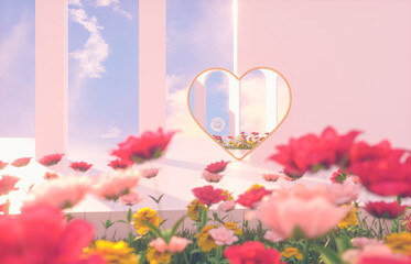 Aufkleber - Romantic Scene with geometrical forms, arch with rose flower garden in natural day light. minimal 3d landscape background. 