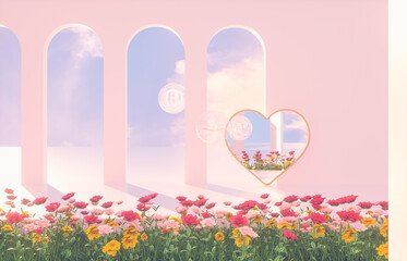 Aufkleber - Romantic Scene with geometrical forms, arch with rose flower garden in natural day light. minimal 3d landscape background. 
