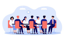 Business Leader Holding Corporate Meeting With Team In Boardroom. Politician Talking To Staff At Round Conference Table. Vector Illustration For Authority, Chairman, Negotiations, Discussion Concept