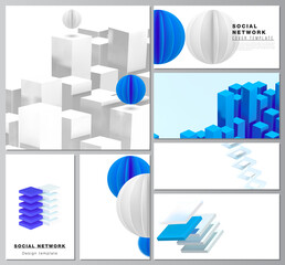 Poster - Vector layouts of modern social network mockup for cover design, website design, website backgrounds or advertising. 3d render vector composition with dynamic realistic geometric blue shapes in motion